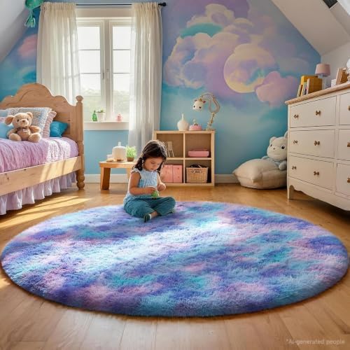 Ophanie Round Rugs 5Ft Tie-Dye Rainbow Purple Area Rug,Aesthetic Room Decor,Fluffy Fuzzy Bedroom Carpet,Plush Soft Shaggy Colorful Living Room Rugs for Kids Home,Nursery with Over 99 pcs Pile fibers - Image 3