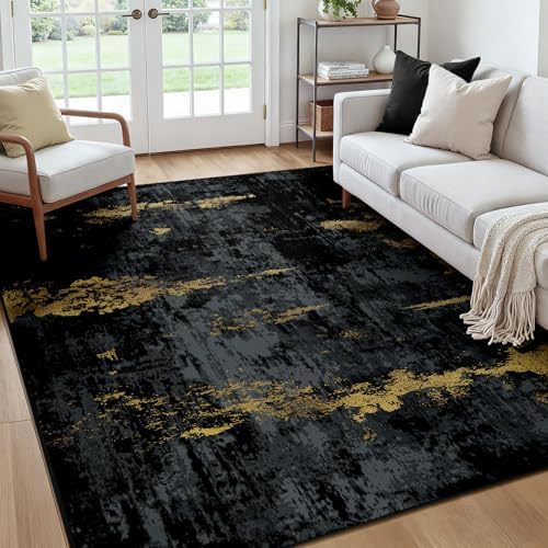 RELEANY Washable Square 7'x7' Area Rug for Living Room Black Gold by RELEANY