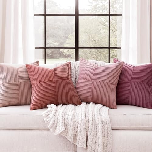 MIULEE Pink Spring Throw Pillow Covers 20x20 Inch Set of 4 Boho Farmhouse Cushion Cases Decorative Gradient Pillow Cases Corduroy Striped Home Decor for Couch Sofa Living Room Bed Valentine Decor - Image 2