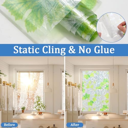 GORGECRAFT 111.5 x 45cm Leaf Window Clings Large Green Leaves Static Window Decals Removable Non Adhesive Glass Door Vinyl Privacy Film Rainbow Sun Catcher Home Decorations for Bathroom Cabinet - Image 5