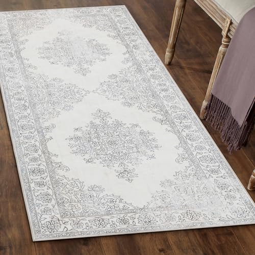 ReaLife Rugs Machine Washable Area Rug Runner - Living Room Bedroom Bathroom Kitchen Entryway Office - Padded Low Pile Stain Resistant Premium - Boho Farmhouse Vintage - Paige - Ivory 2'6" x 6' by ReaLifeRugs