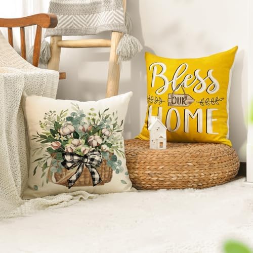 AVOIN colorlife Bless Our Home Farmhouse Eucalyptus Leaves Throw Pillow Covers, 18 x 18 Inch Truck Home Sweet Cushion Case Decorations Set of 4 - Image 5