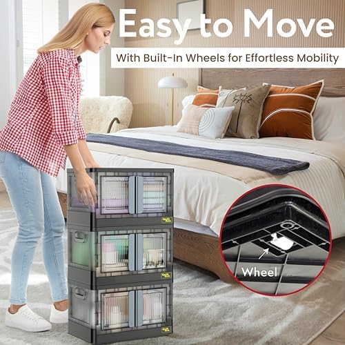 Quik Box - 8.5 Gallon 3-Pack Stackable Storage Bins with Doors & Wheels - Collapsible Organizer for Dorms, Bedroom & Home - Durable Polystyrene - Black - Image 3