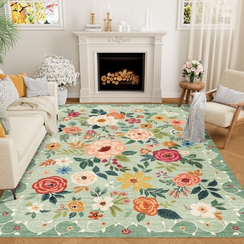 DUKINO 5x8 Area Rug for Bedroom, Floral Washable Rug Non Slip, Green by DUKINO