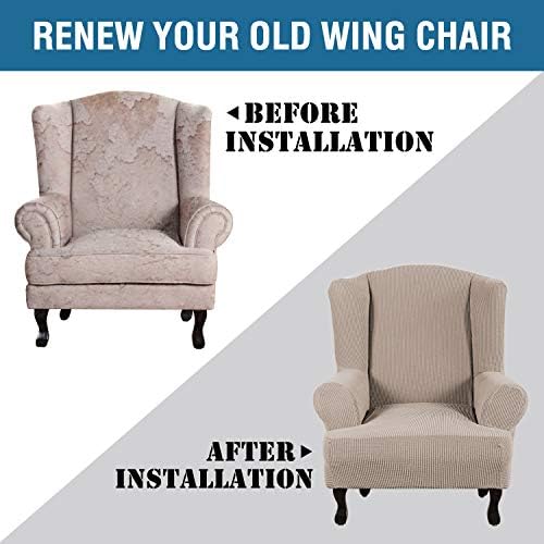 H.VERSAILTEX Wing Chair Slipcover Chair Covers for Wingback Chairs Wingback Chair Covers Slipcovers 1 Piece Stretch Sofa Cover Furniture Protector Soft Spandex Jacquard Checked Pattern, Sand - Image 4