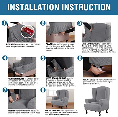 H.VERSAILTEX Wing Chair Slipcover Chair Covers for Wingback Chairs Wingback Chair Covers Slipcovers 1 Piece Stretch Sofa Cover Furniture Protector Soft Spandex Jacquard Checked Pattern, Dove - Image 6