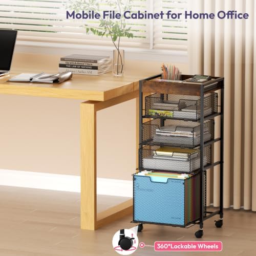 SWTYMIKI Rolling File Cart with Drawers - 5 Tier Art Craft Rolling Organizer Cart - Office Storage &Organization, Mobile Metal File Cabinet for Office and Home Espresso - Image 5