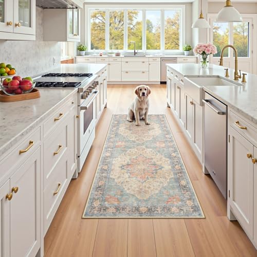 RELEANY Washable Area Rug, Runner 2'x5', Blue/Orange/Red by RELEANY