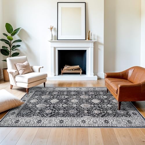5x7 Living Room Area Rugs: Washable Non-Slip Stain Resistant Rug for Bedroom Dining Room Vintage Ultra Soft Indoor Carpet for Nursery Kitchen Farmhouse Thin Floor Mat for Home Office (5x7 Black) by HYHAOYUNLAI