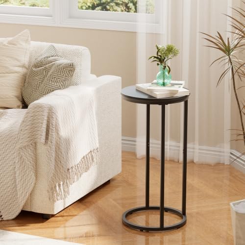 C Shaped end Table,Wood Round Side Table for Couch,Small Sofa Table with Metal Frame for Bedroom,Living Room,Bedside,Black Wood Grain(11.81" D x 11.81" W x 23.62" H) - Image 4