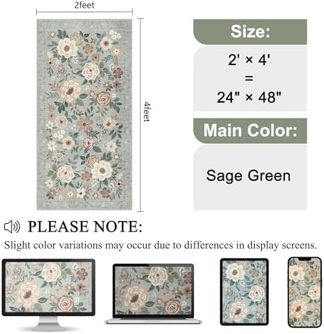 DUKINO 2x4 Entryway Rug, Floral Washable Kitchen Rugs Non Slip, Sage Green - Image 2