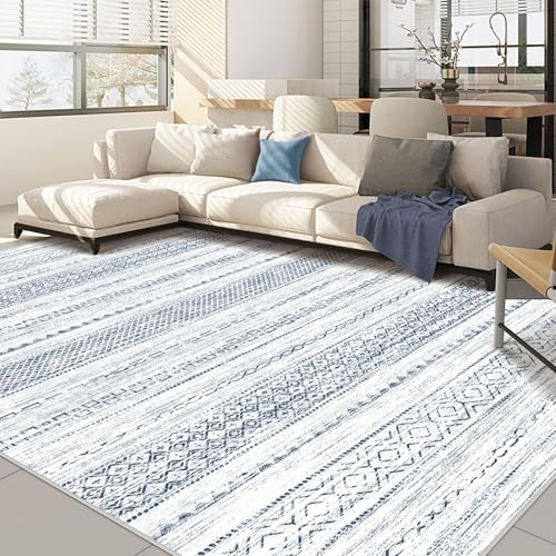 Nakagishi 9x12 Area Rugs Living Room: Washable Boho Large Neutral Soft Farmhouse Rug Stain Resistant Modern Indoor Floor Non-Slip Carpet for Bedroom Nursery Kids Playroom Office Dining Dorm-White Blue by NakagishiAreaRug