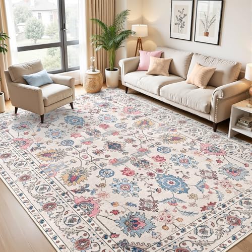 Hanples 8x10 Area Rugs for Living Room, Washable Rug Vintage Floral, Beige - Image 3