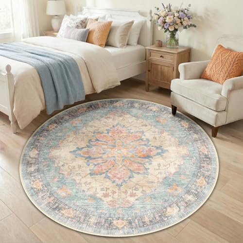 RELEANY Washable Area Rug, Round 5ft, Blue/Orange/Red - Image 2