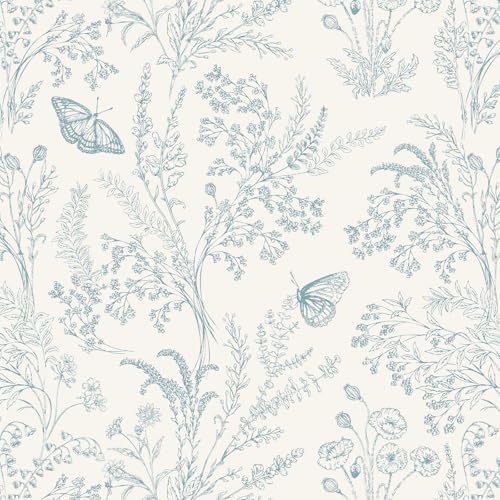 Vinjiasin Blue Floral Wallpaper Vintage Peel and Stick Contact Paper Removable Waterproof Flower Butterfly Wall Paper for Bedroom Living Room Nursery 17.3" x 118" by Vinjiasin