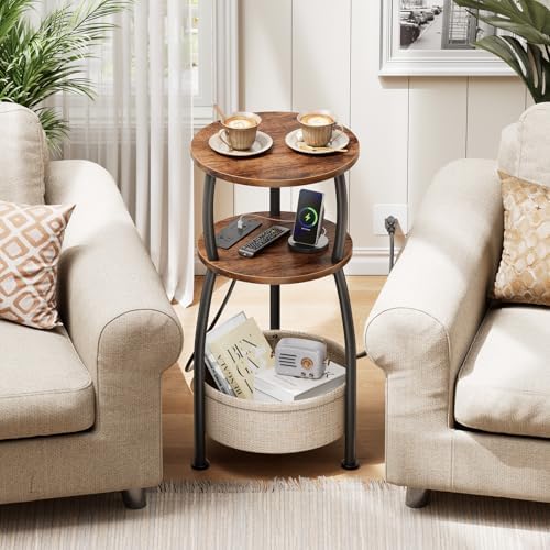 Side Table with Charging Station, Small Round End Table with Basket - Image 7