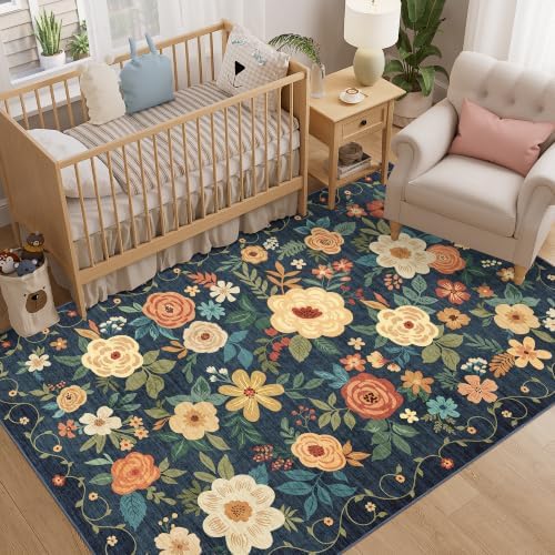DUKINO 5x8 Area Rug for Bedroom, Floral Washable Rug Non Slip, Navy Blue - Image 3