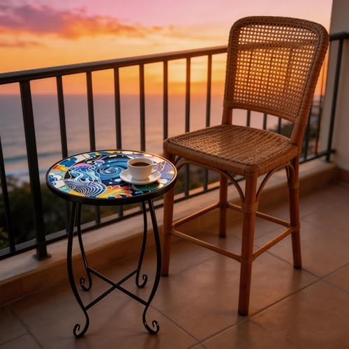 Small Mosaic Outdoor Side Table, 10-Inch Round Metal Patio Table - Image 7