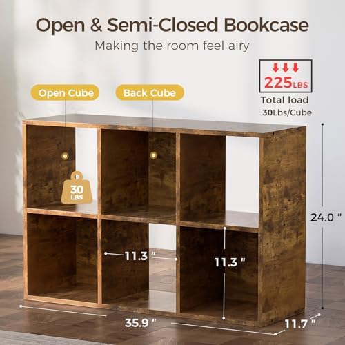COMHOMA 6 Wood Cube Storage Organizer with Open Back and Removable Back Panels, 11In Brown Cube Storage Bookshelf, Cubicle Shelf Bookcase for Home Office Bedroom Living Room, Vertical or Horizontal - Image 2