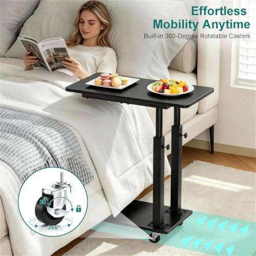 AOODA 22''W TV Tray Table with Wheels Adjustable Height, C Shaped End Tables Living Room, Rolling Couch Side Table with Storage for Sofa, Bed, Recliner (Pure Black) - Image 6