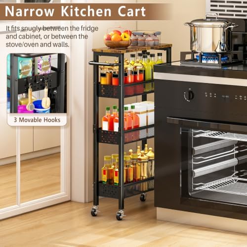 Slim Storage Cart with Wheels, 4 Tier Metal Rolling Organizer with Wood Top and Handle, Narrow Utility Shelf for Kitchen Bathroom Laundry Room, Black - Image 5