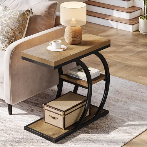 Tribesigns End Table Set of 2, 3-Tier Narrow Wood Couch C-Shaped Side Table with Storage, Industrial Nightstand for Bedroom, Small Spaces, Natural - Image 4