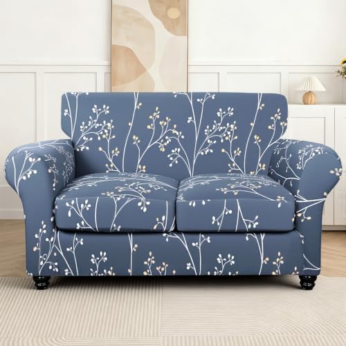SearchI Stretch Sofa Cover Printed Couch Cover, Floral Pattern 3 Pieces Loveseat Slipcover with 2 Separate Cushion Cover, Washable Furniture Protector for Living Room(Loveseat, Gray Blue) - Image 2