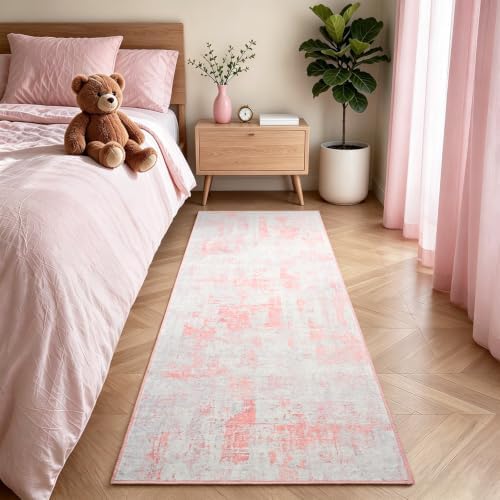 Toneed Washable 2x6 Non-Slip Runner Rug for Hallway Kitchen, Pink Grey - Image 2