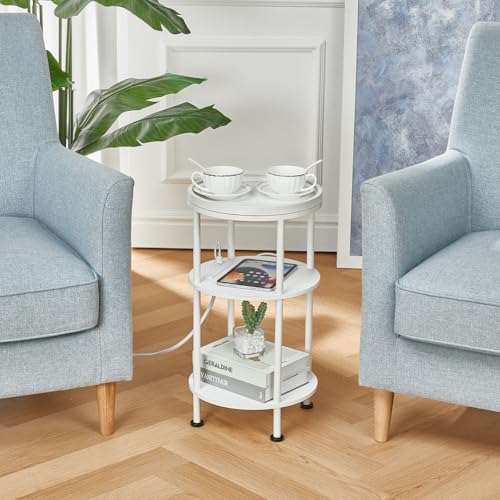 Small Round End Table with Charging Station, 3-Tier Accent Couch Beside Table with USB Ports & Power Outlets, Sofa Side Table for Living Room Small Nightstand Bedroom (USB Charger, White) - Image 4