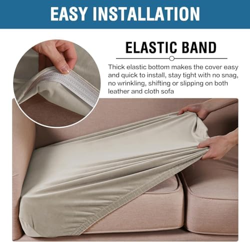 H.VERSAILTEX Velvet Stretch Couch Cushion Cover Plush Cushion Slipcover for Chair Loveseat Sofa Cushion Furniture Protector Seat Cushion Sofa Cover (3 Piece Sofa Cushion Covers, Oatmeal) - Image 4