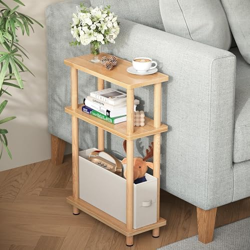Apicizon Narrow Side Table with Fabric Basket, 3-Tier End Table, Natural by APICIZON