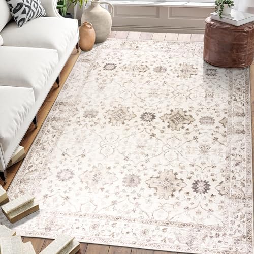 ReaLife Rugs Machine Washable Area Rug - Living Room Bedroom Bathroom Kitchen Entryway Office - Padded Low Pile Stain Resistant Premium - Boho Farmhouse Vintage - BEV - Beige 5' x 7' by ReaLifeRugs