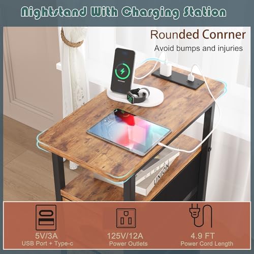 shtmec Narrow End Table Set of 2 with Charging Station, Side Tables Set 2 with Fabric Drawers, Small Bedside Tables Nightstands for Small Space, Slim Sofa Couch Table for Livingroom, Rustic Brown - Image 4