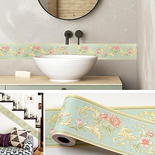 AbaBoorty Green Floral Wallpaper Border Decor 196"X4.1" Peel and Stick Wall Border Waterproof Tiles Sticker Wallpaper Self Adhesive Removable Wall Stickers for Bedroom Living Room Decor - Image 2