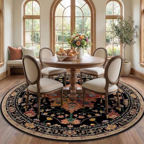 RELEANY Washable Area Rug, Round 7ft, Black/Colorful by RELEANY