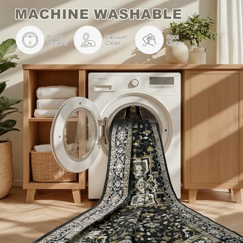 Round Area Rug for Living Room: 8ft Boho Washable Rug Black Gold - Image 7