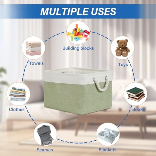 Temary Fabric Storage Baskets 4Pack Storage Bins Decorative Basket for Gift, Clothes Bin with Handles, Rectangle Baskets for Storage, Blankets(White&Green,15x11x9.5 inch) - Image 4