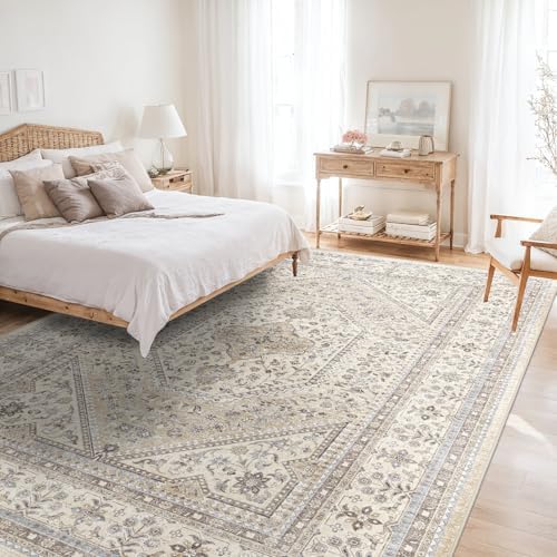 7x9 Washable Area Rug for Living Room - Non-Slip Vintage Rugs Beige Gray - Image 3