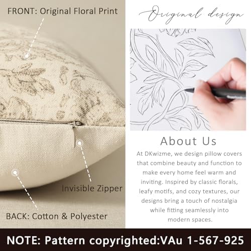 Vintage Floral Print Throw Pillow Covers 20x20 Set of 2 Neutral Modern Farmhouse Pillowcases Accent Decorative Cushion Covers Boho Home Decor for Couch Sofa Chair Bed Living Room, Natural Beige - Image 3