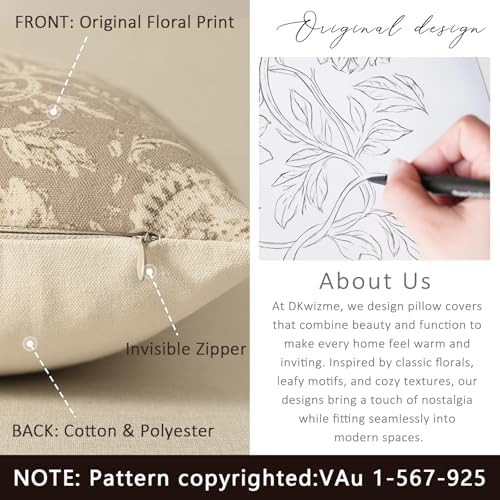 Vintage Floral Print Throw Pillow Covers 18x18 Set of 2 Neutral Modern Farmhouse Pillowcases Accent Decorative Cushion Covers Boho Home Decor for Couch Sofa Chair Bed Living Room, Latte - Image 3
