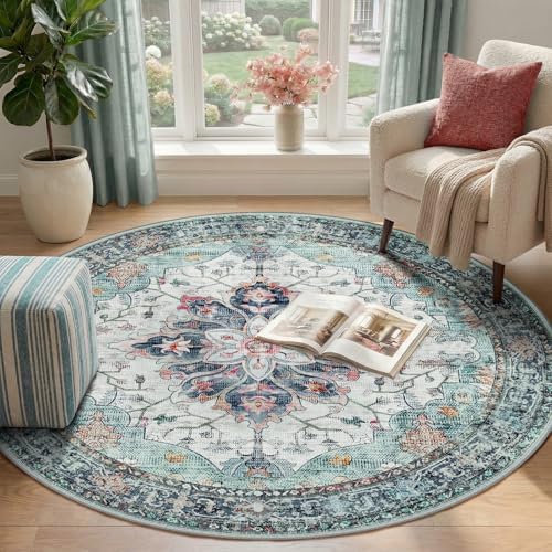 RELEANY Washable Area Rug, Round 4ft, Teal Green/White/Navy - Image 2