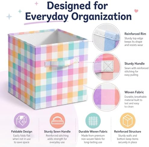 Chunful 6 Pcs 11 Inch Fabric Cube Storage Bin Collapsible, Rainbow Plaid - Image 3