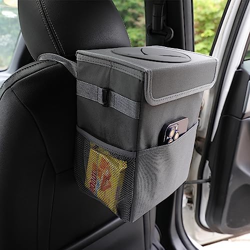 AOKJOY Car Garbage can with lid Leak Proof Vehicle Trash Can 3 Storage Pockets Hanging Waterproof car Trash Bag for SUV Grey - Image 3