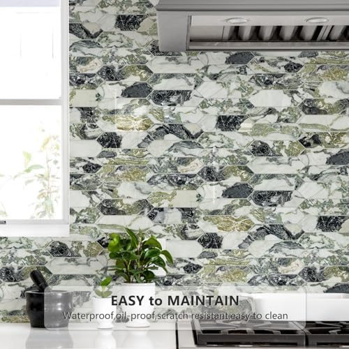 Vamos Tile Glossy Ice Green Backsplash Tile Peel and Stick, 12.8 x 12.8 Inch 10 Sheets Long Hexagon PVC Self Adhesive Mosaic Wall Tiles Stick on Backsplash for Kitchen Bathroom and Fireplace - Image 3