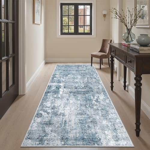 Soalmost Abstract Runner Rug 3x6 Hallway Kitchen Rugs Non-Slip, Blue/Grey - Image 4