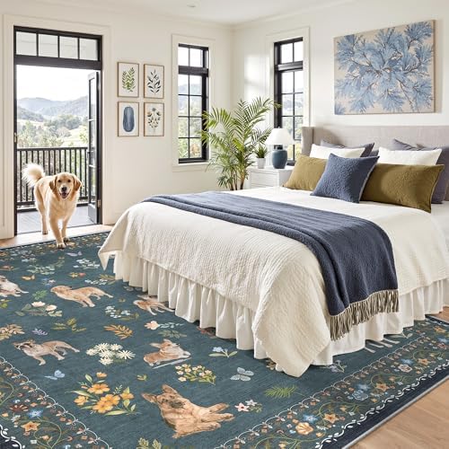 Soalmost Dog 9x12 Area Rugs for Living Room, Washable Soft Rug Navy Blue - Image 3
