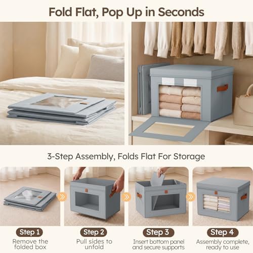 Homsorout Storage Bins with Lids - Front Opening Storage Box with Clear Window & Handles, Stackable Foldable Fabric Bins for Closet Organization, Clothes, Sweaters, Towels, Blankets, 6 Pack, Grey - Image 5