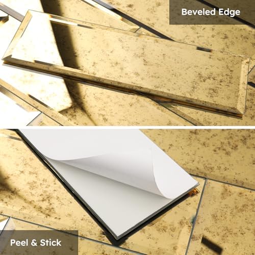 Diflart Peel and Stick Beveled Mirror Tile, Light Antique with Gold, 4x12 Inch, Mirror Backsplash for Kitchen Bar Bathroom Wall Tile (5 Sq.ft, 15 Pcs) - Image 4