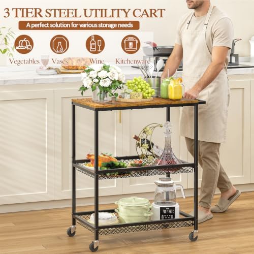 3 Tier Rolling Utility Kitchen Cart on Wheels, Heavy Duty Wire Rolling Cart with Wooden Top, Commercial Metal Serving Cart with Handle, Kitchen Island Food Storage Trolley for Laundry, Office, Garage - Image 4