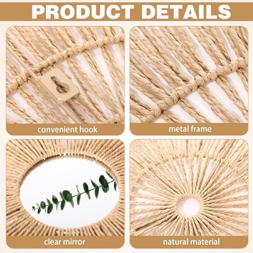 Yerliker 9 Pack Wicker Jute Wall Decor Baskets - Wicker Woven Jute Wall Mirrors Baskets Decorative Boho Hanging Woven Basket, Rustic Round Mirrors Natural Home Decor Set for Bedroom Living Room - Image 3